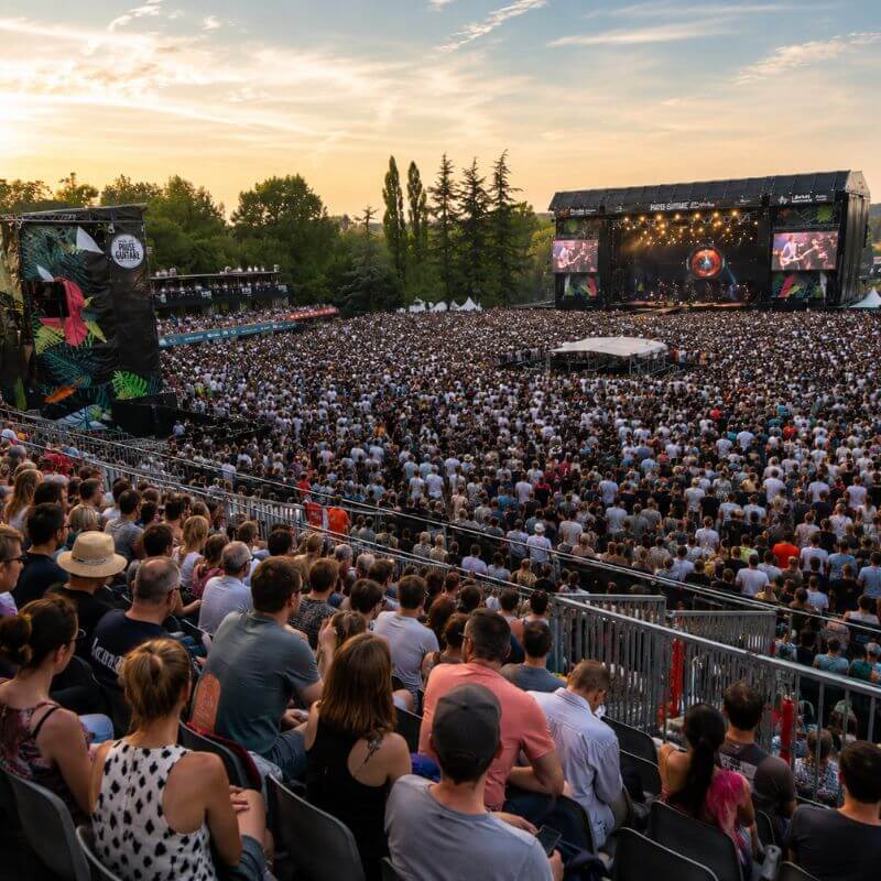 Public nombreux devant la grande scène du festival Pause Guitare à Albi, lors d’un concert en plein air au coucher du soleil