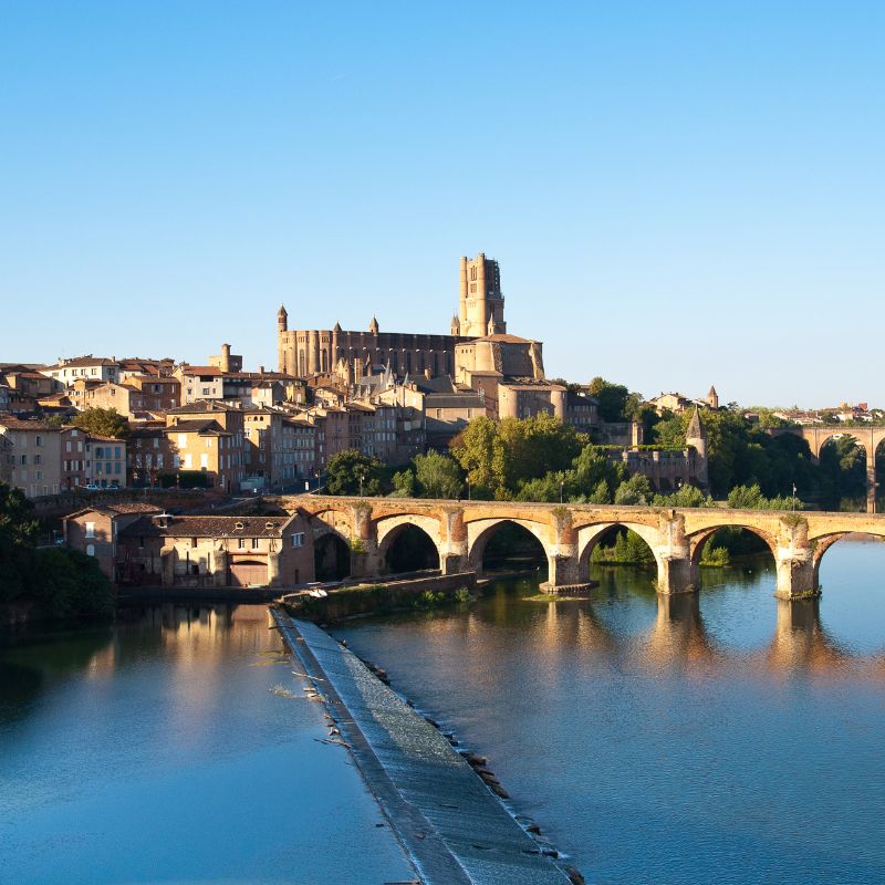 Vue panoramique d’Albi avec le pont sur le Tarn et la cathédrale Sainte-Cécile en arrière-plan